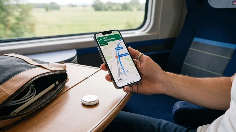 Smartphone affichant la carte de localisation GPS d'un Apple AirTag placé dans une valise en train