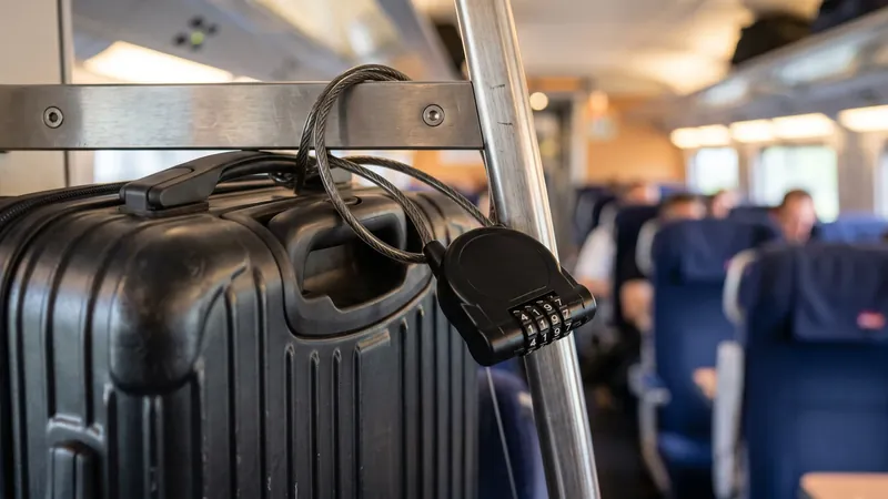 Câble antivol rétractable à code sécurisant la poignée d'une valise sur le rack métallique d'un train